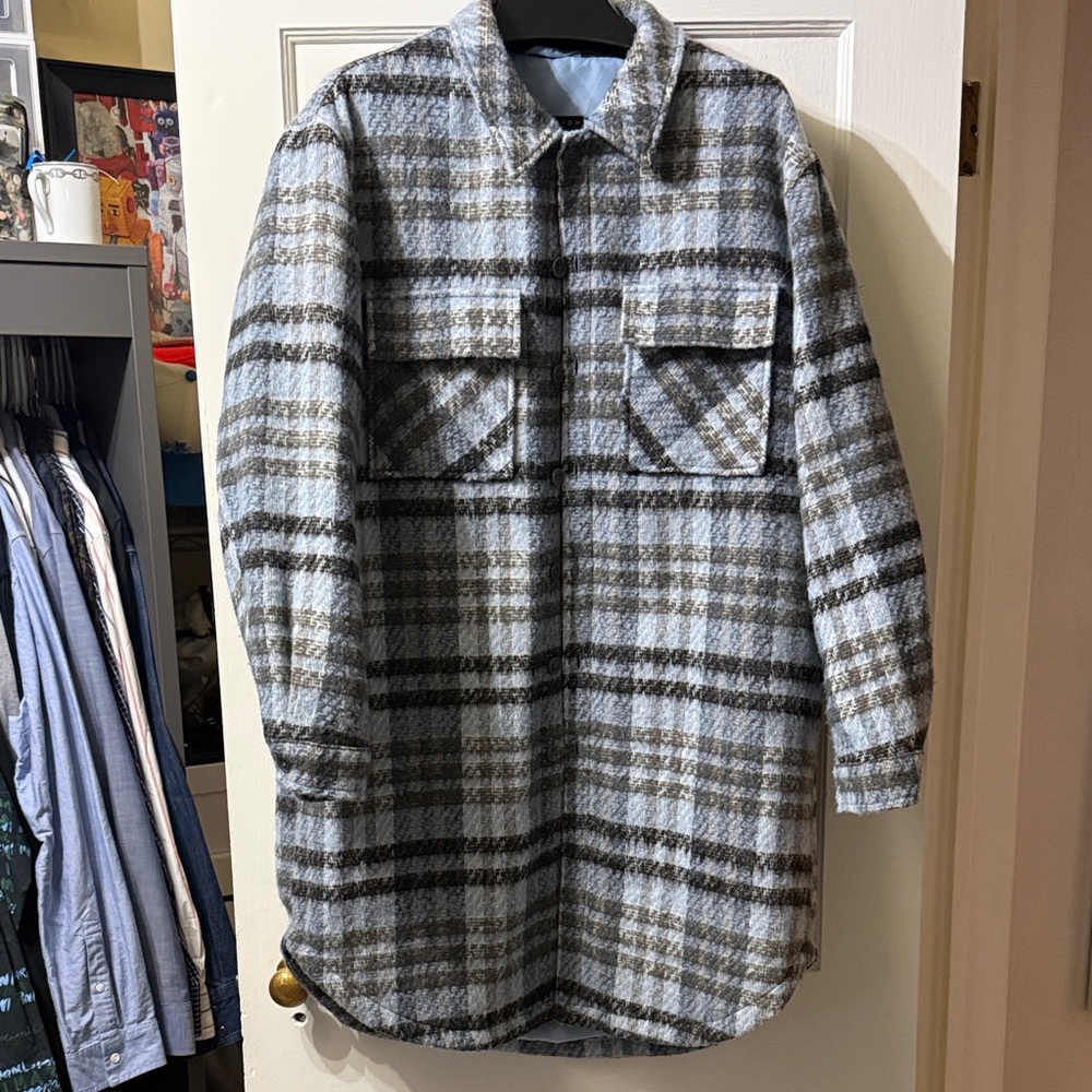 ASOS Men's Long Plaid Shirt Jacket in Gray and Blue